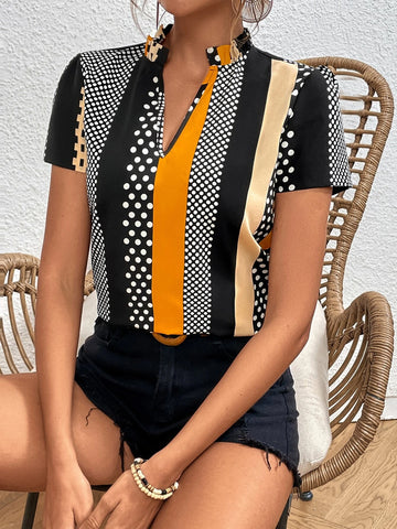 Polka Dot & Geo Print Notched Neckline Blouse