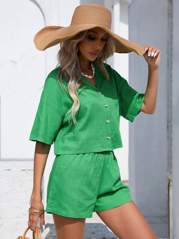 Lapel Neck Drop Shoulder Button Front Shirt & Slant Pocket Shorts