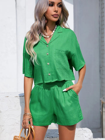 Lapel Neck Drop Shoulder Button Front Shirt & Slant Pocket Shorts