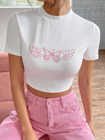 Embroidery Butterfly Print Mock Neck Crop Tee