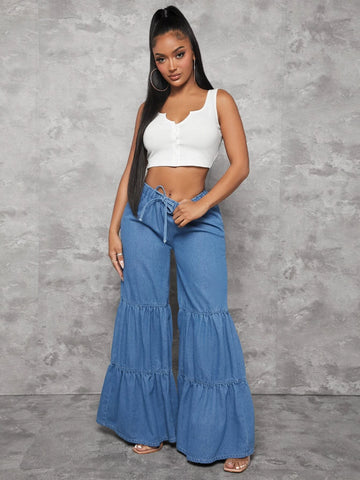 SXY Drawstring Front Ruffle Hem Wide Leg Jeans