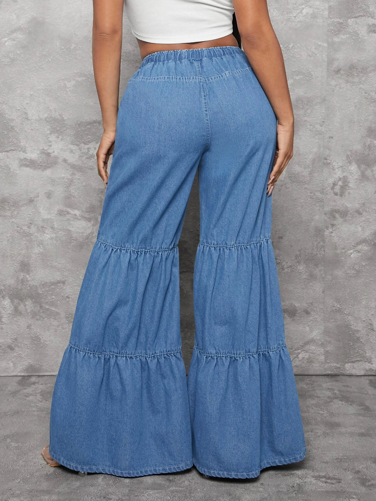 SXY Drawstring Front Ruffle Hem Wide Leg Jeans