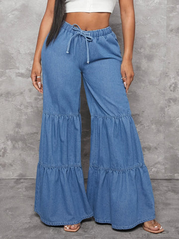 SXY Drawstring Front Ruffle Hem Wide Leg Jeans