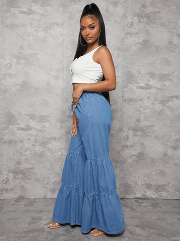 SXY Drawstring Front Ruffle Hem Wide Leg Jeans