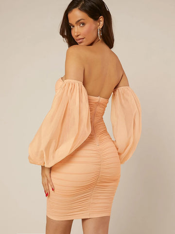 BAE Off Shoulder Lantern Sleeve Ruched Mesh Bodycon Dress