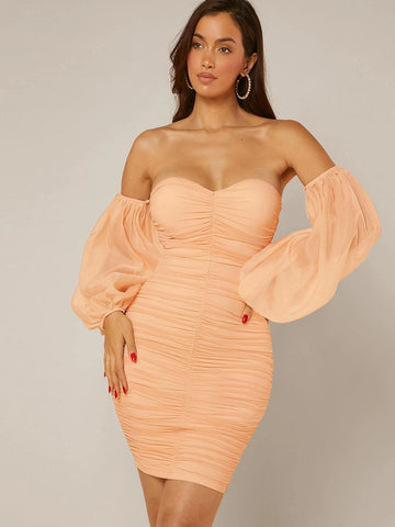 BAE Off Shoulder Lantern Sleeve Ruched Mesh Bodycon Dress