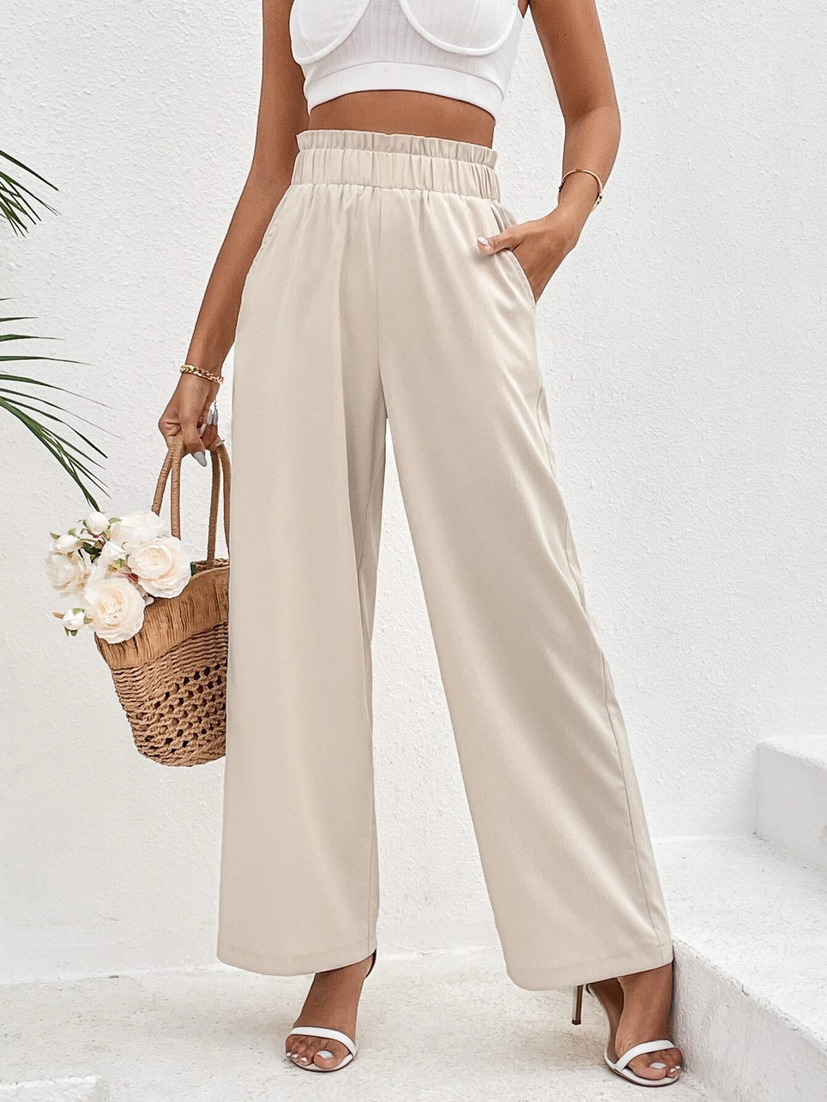 Paperbag Waist Slant Pocket Wide Leg Pants