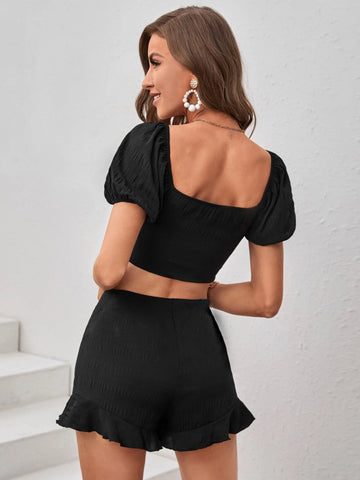 VCAY Button Front Crop Top & Ruffle Hem Shorts