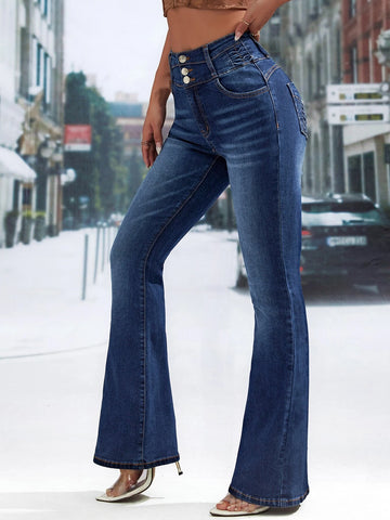 Button Front Flare Leg Jeans