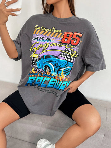 EZwear Car & Letter Graphic Drop Shoulder Oversized Tee