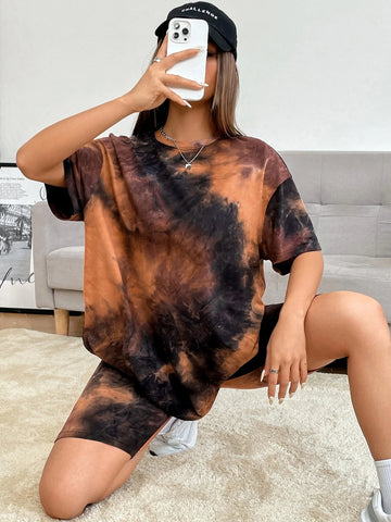 EZwear Tie Dye Drop Shoulder Tee & Biker Shorts