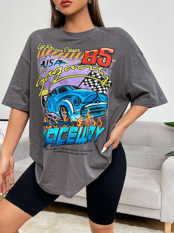 EZwear Car & Letter Graphic Drop Shoulder Oversized Tee