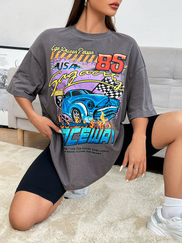EZwear Car & Letter Graphic Drop Shoulder Oversized Tee
