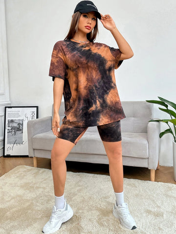 EZwear Tie Dye Drop Shoulder Tee & Biker Shorts