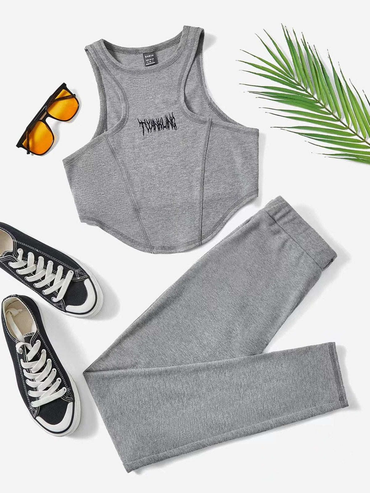 EZwear Letter Embroidery Crop Tank Top & Leggings