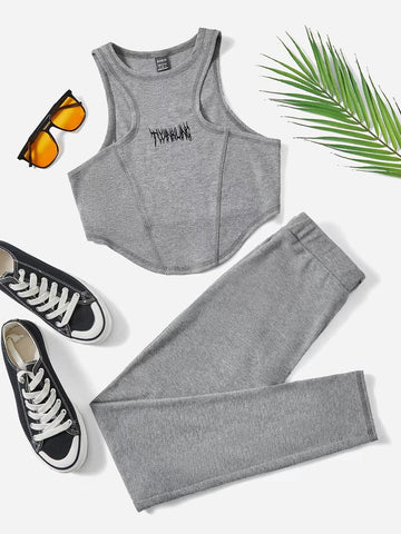 EZwear Letter Embroidery Crop Tank Top & Leggings