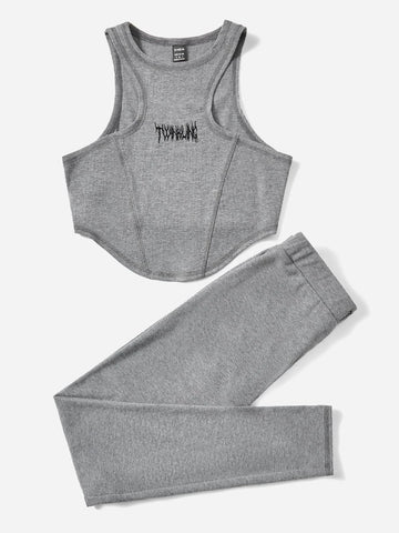 EZwear Letter Embroidery Crop Tank Top & Leggings