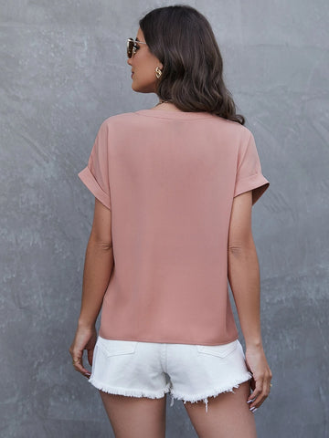 Notched Neckline Batwing Sleeve Pocket Patched Blouse