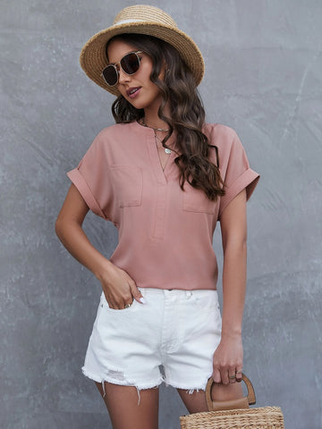 Notched Neckline Batwing Sleeve Pocket Patched Blouse