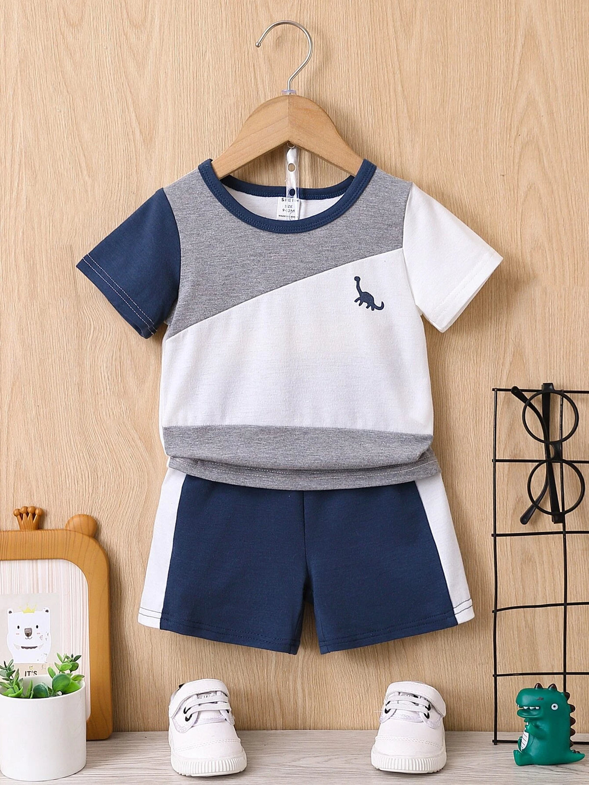 Baby Dinosaur Print Colorblock Tee & Shorts