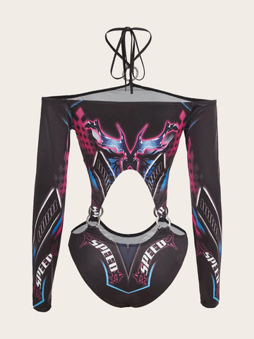 Letter Graphic O-ring Cut Out Bodysuit