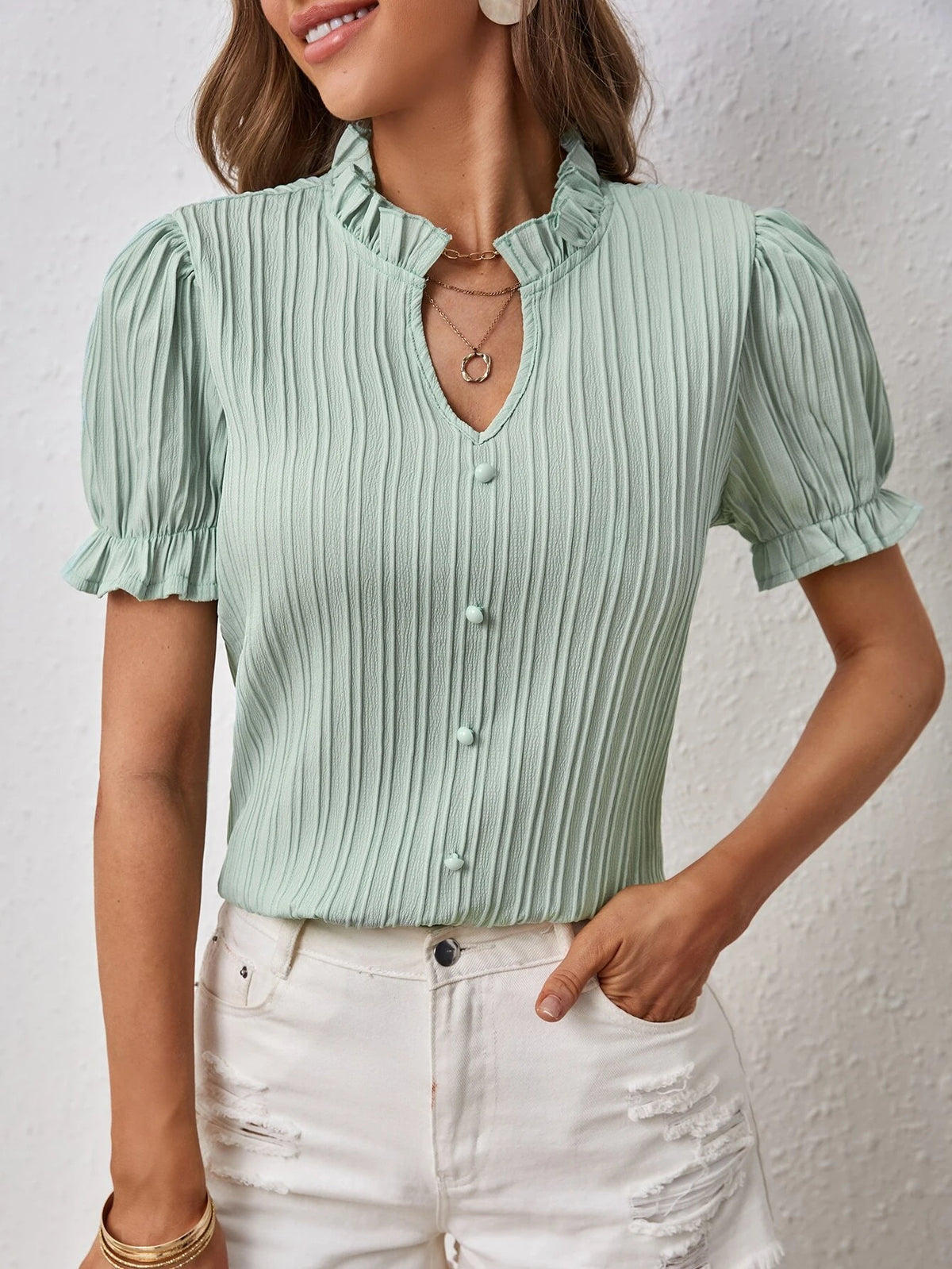Frill Trim Puff Sleeve Button Front Blouse