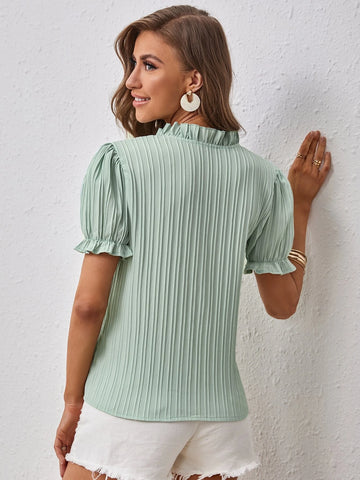 Frill Trim Puff Sleeve Button Front Blouse