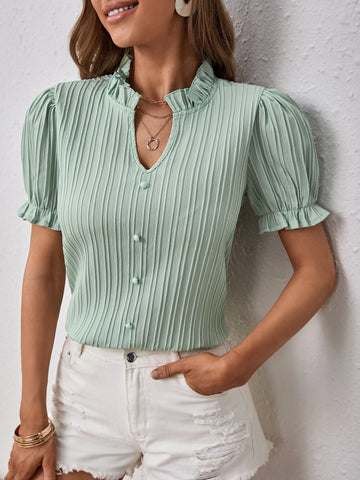 Frill Trim Puff Sleeve Button Front Blouse