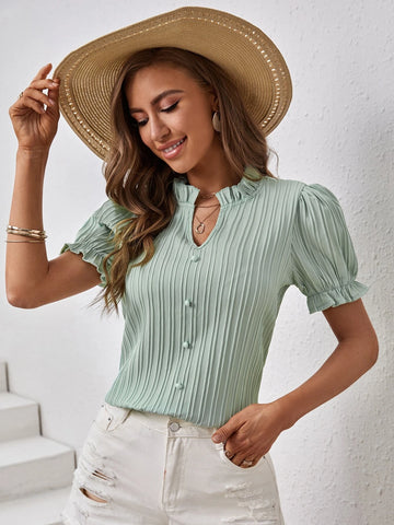 Frill Trim Puff Sleeve Button Front Blouse