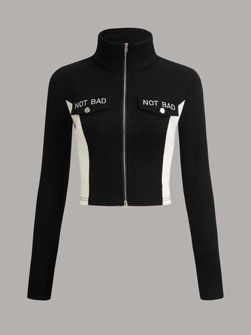 ICON Letter Graphic Colorblock Zip Up Crop Tee