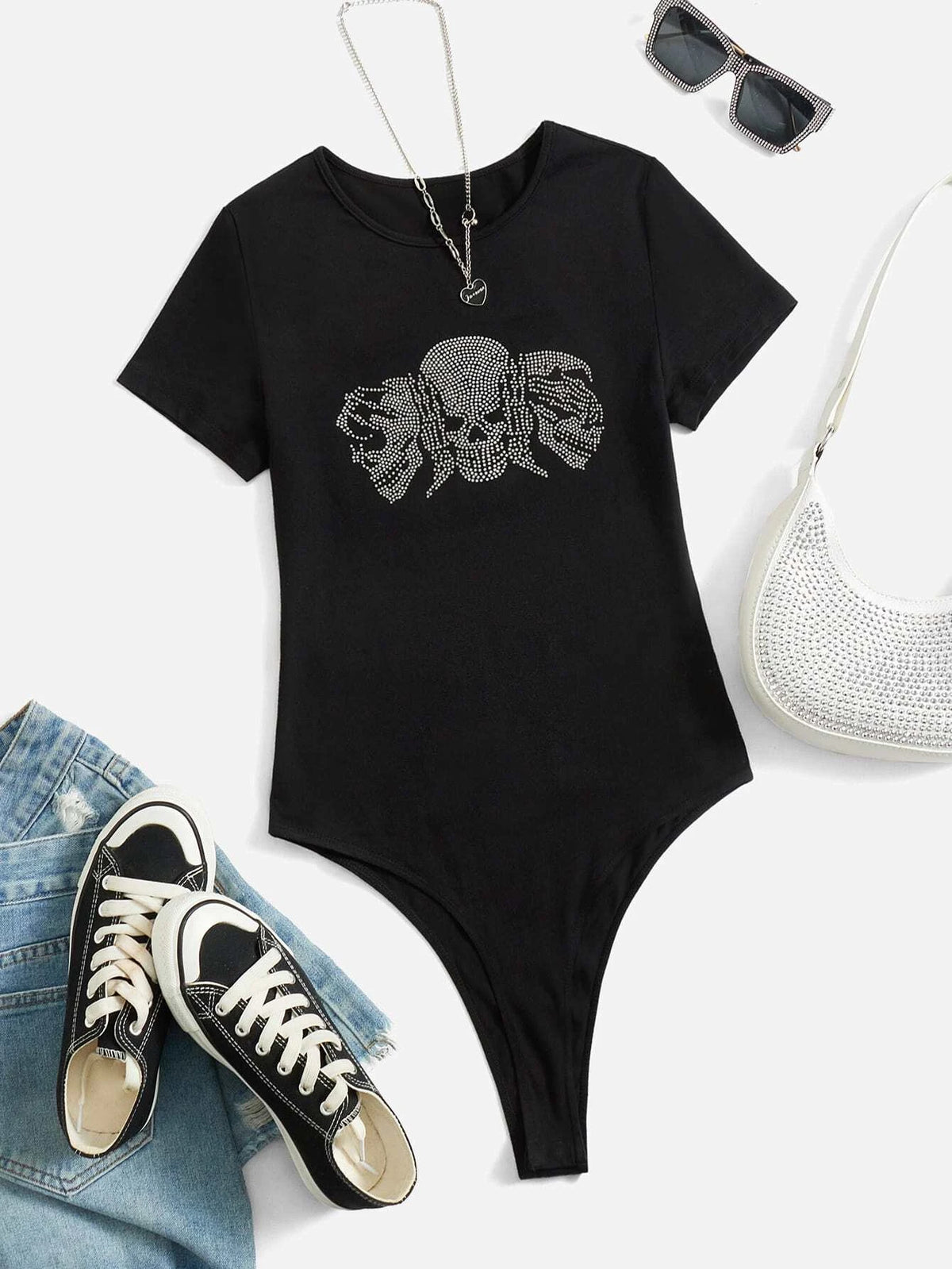 Rhinestone Skeleton Pattern Slim Fit Bodysuit