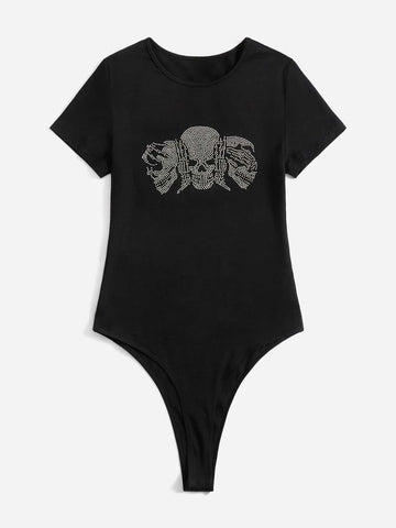Rhinestone Skeleton Pattern Slim Fit Bodysuit
