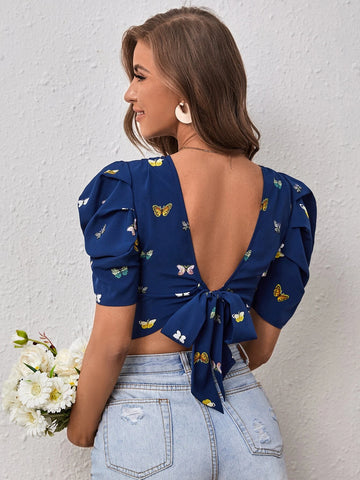 Butterfly Print Tie Backless Puff Sleeve Blouse