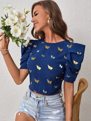 Butterfly Print Tie Backless Puff Sleeve Blouse