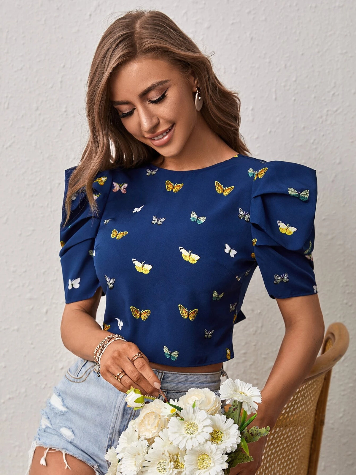 Butterfly Print Tie Backless Puff Sleeve Blouse