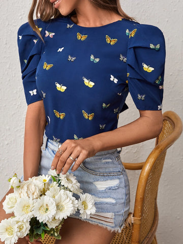 Butterfly Print Tie Backless Puff Sleeve Blouse