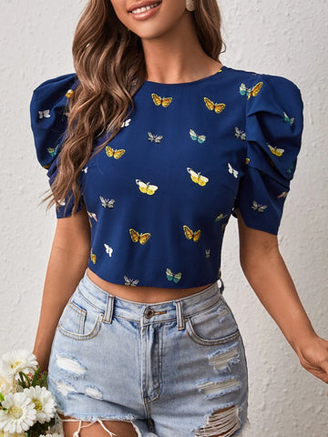 Butterfly Print Tie Backless Puff Sleeve Blouse