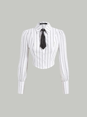 MOD Striped Tie Neck Crop Shirt