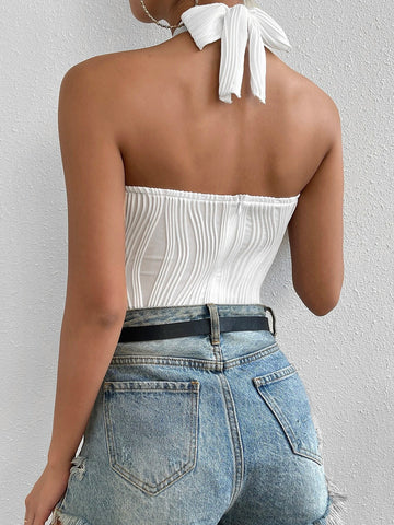 Solid Criss Cross Halter Bodysuit