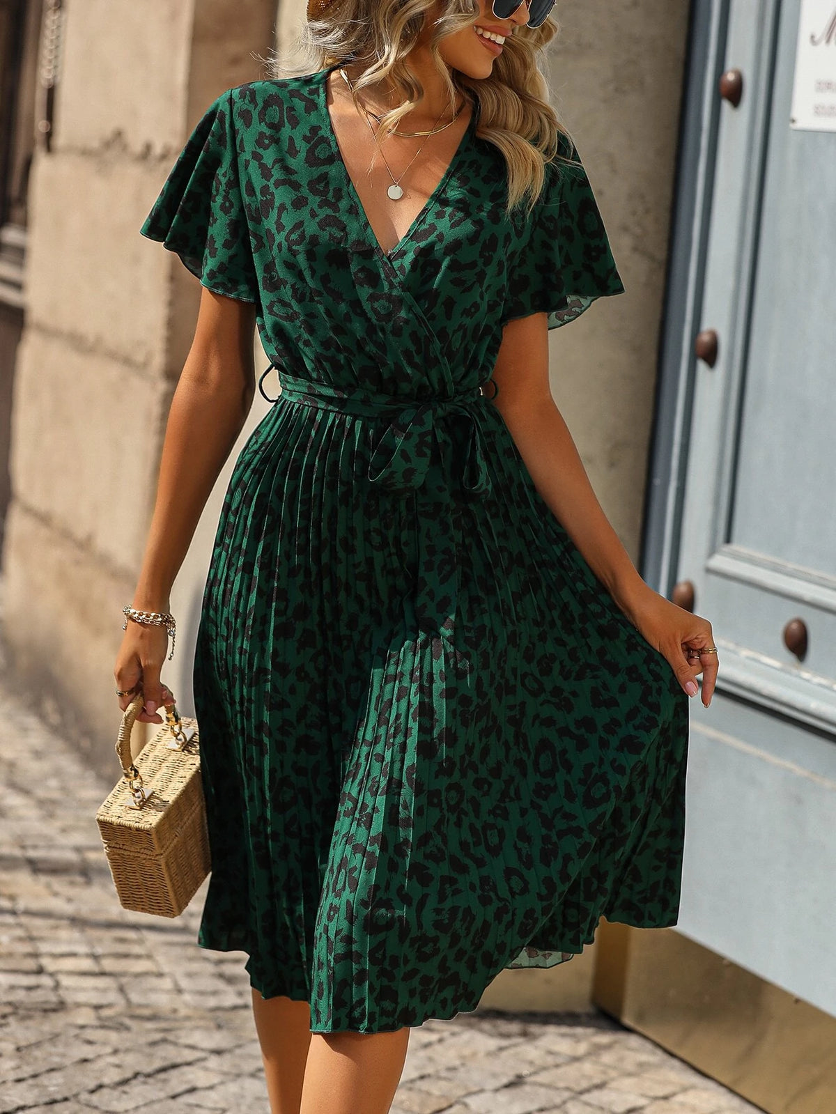 Leopard Print Butterfly Sleeve Pleated Hem Belted Dress