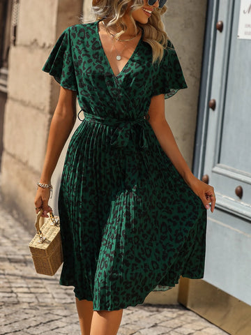 Leopard Print Butterfly Sleeve Pleated Hem Belted Dress