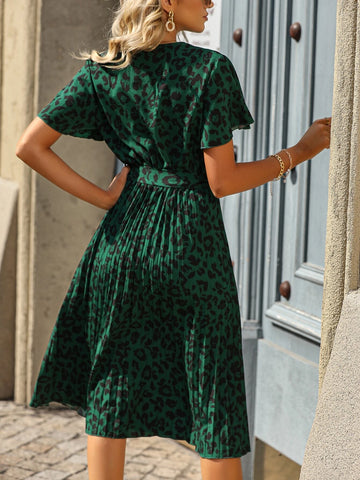 Leopard Print Butterfly Sleeve Pleated Hem Belted Dress