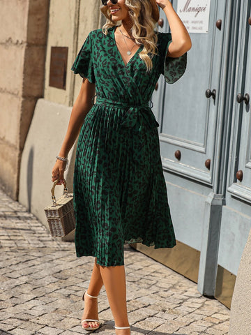 Leopard Print Butterfly Sleeve Pleated Hem Belted Dress
