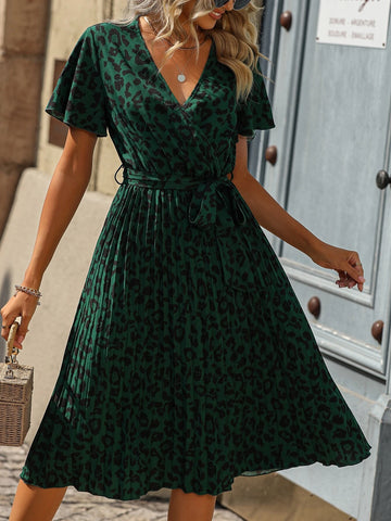 Leopard Print Butterfly Sleeve Pleated Hem Belted Dress