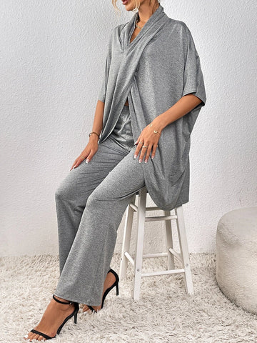 Batwing Sleeve Asymmetrical Hem Top & Pants