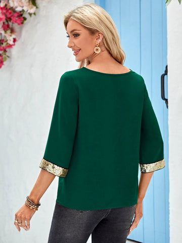 EMERY ROSE Contrast Sequin Cuff Blouse