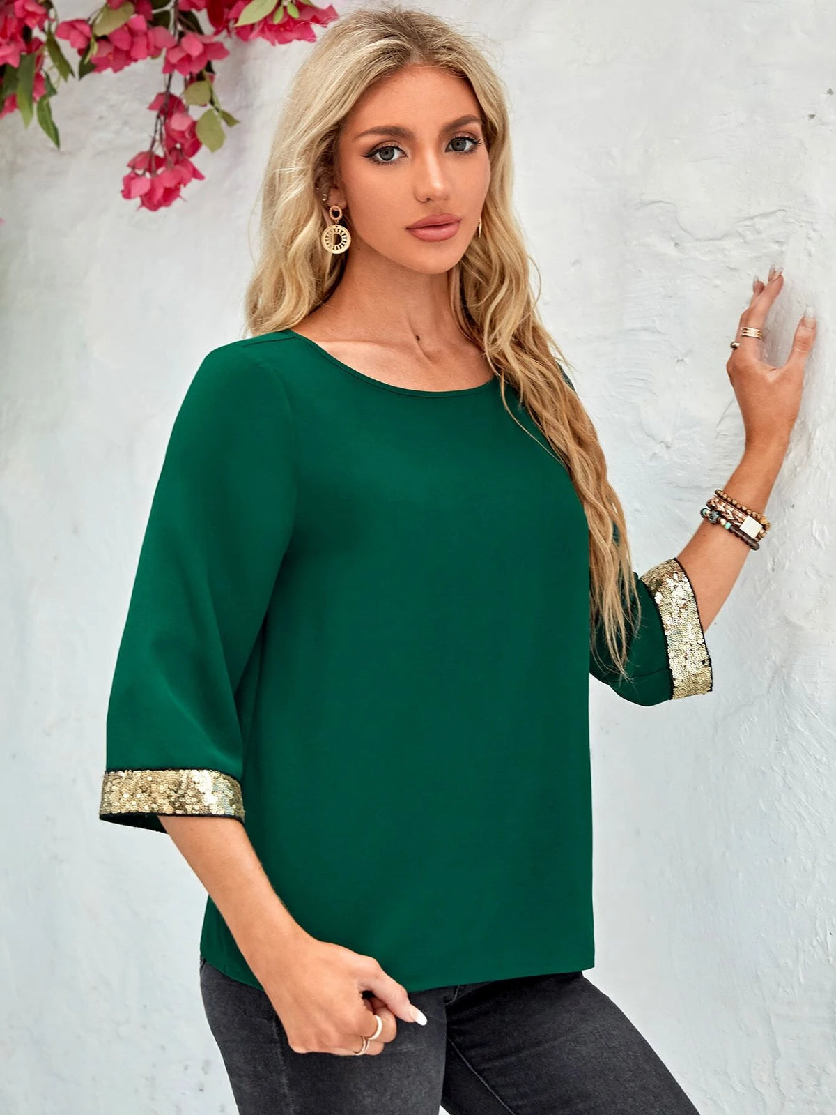 EMERY ROSE Contrast Sequin Cuff Blouse