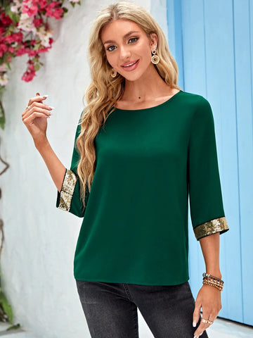 EMERY ROSE Contrast Sequin Cuff Blouse