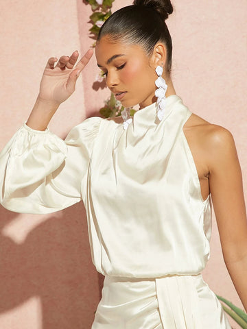 Asymmetrical Neck Lantern Sleeve Satin Top