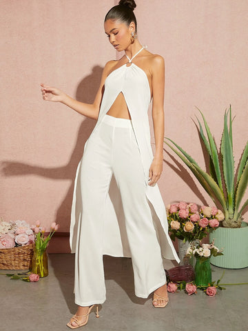 VCAY Solid Split Hem Halter Top & Wide Leg Pants